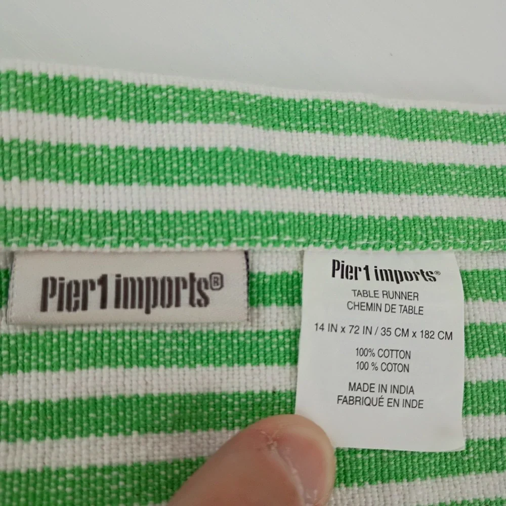 Pier 1 Imports Green White Striped Cotton Table Runner with Tassels 14x72
